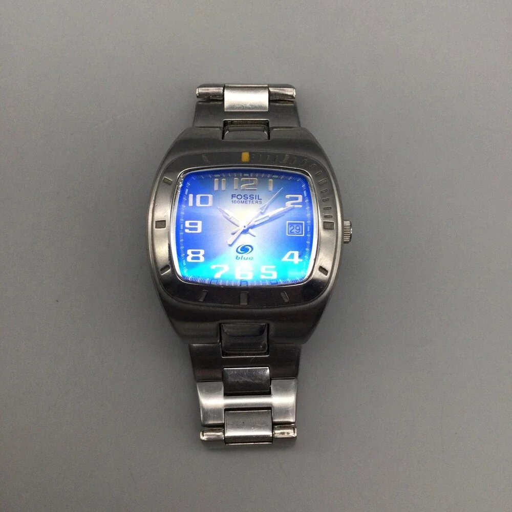 Fossil Blue AM-3562 Mens Watch 40mm Blue Green Dial Stainless New Battery 6.5